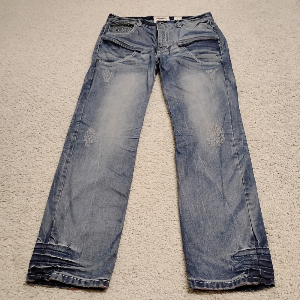 Kanji Jeans Mens 36x34 Blue Straight Denim Grunge Faded Distressed Designer